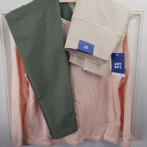 JoyLab Pink Top with Olive Leggings and Cream Leggings